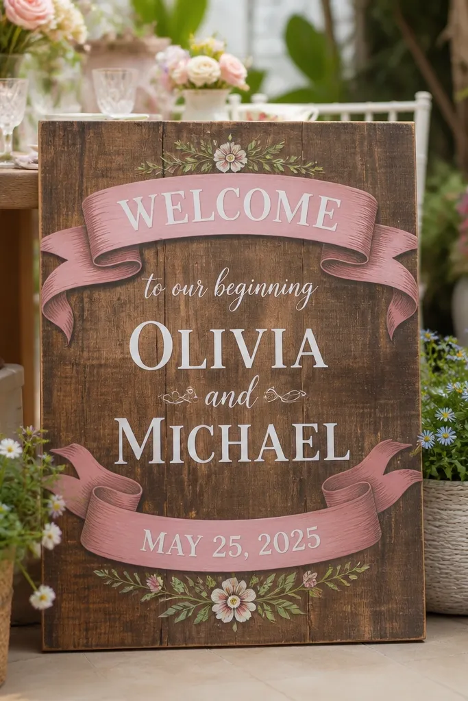 Wooden welcome sign with painted letters and a small ribbon banner at the corners