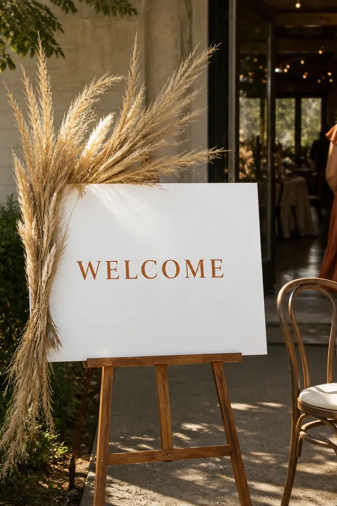 White wooden welcome sign with terracotta text and dried wheat stalks at the bottom