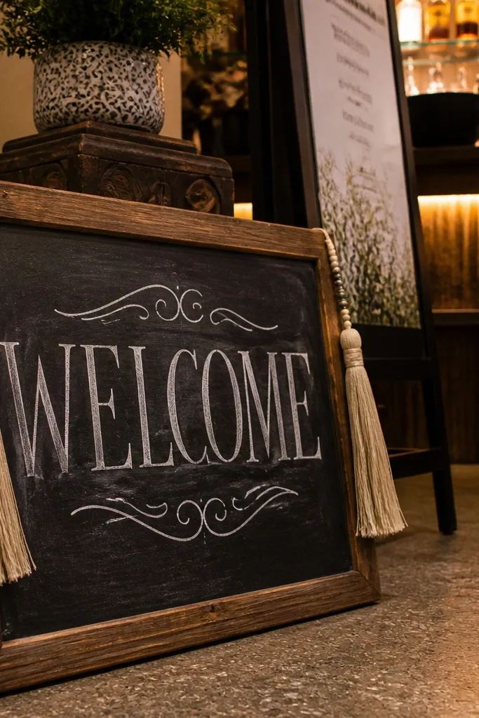 Chalkboard-style wooden welcome sign with white text and small linen tassels