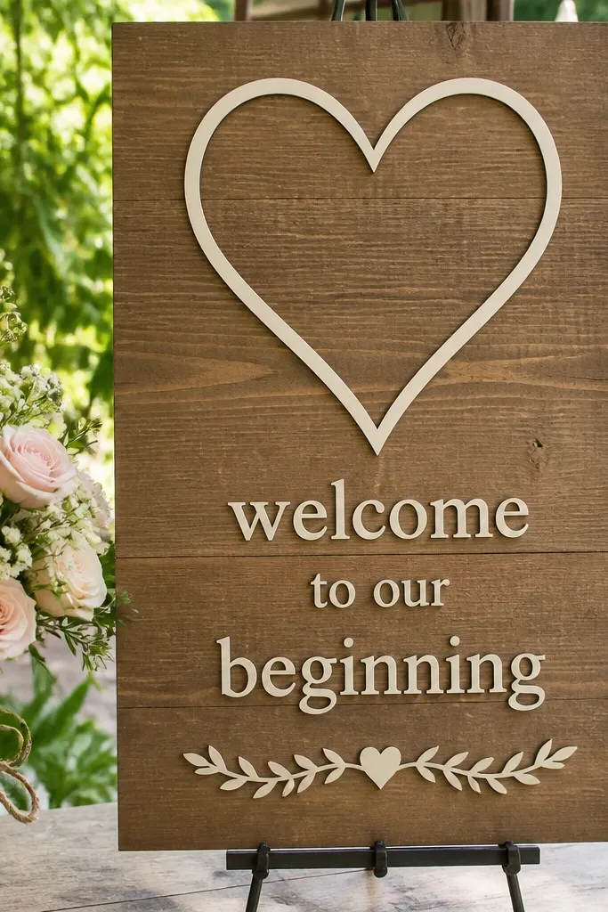 Natural wood welcome sign with a heart outline and cream lettering