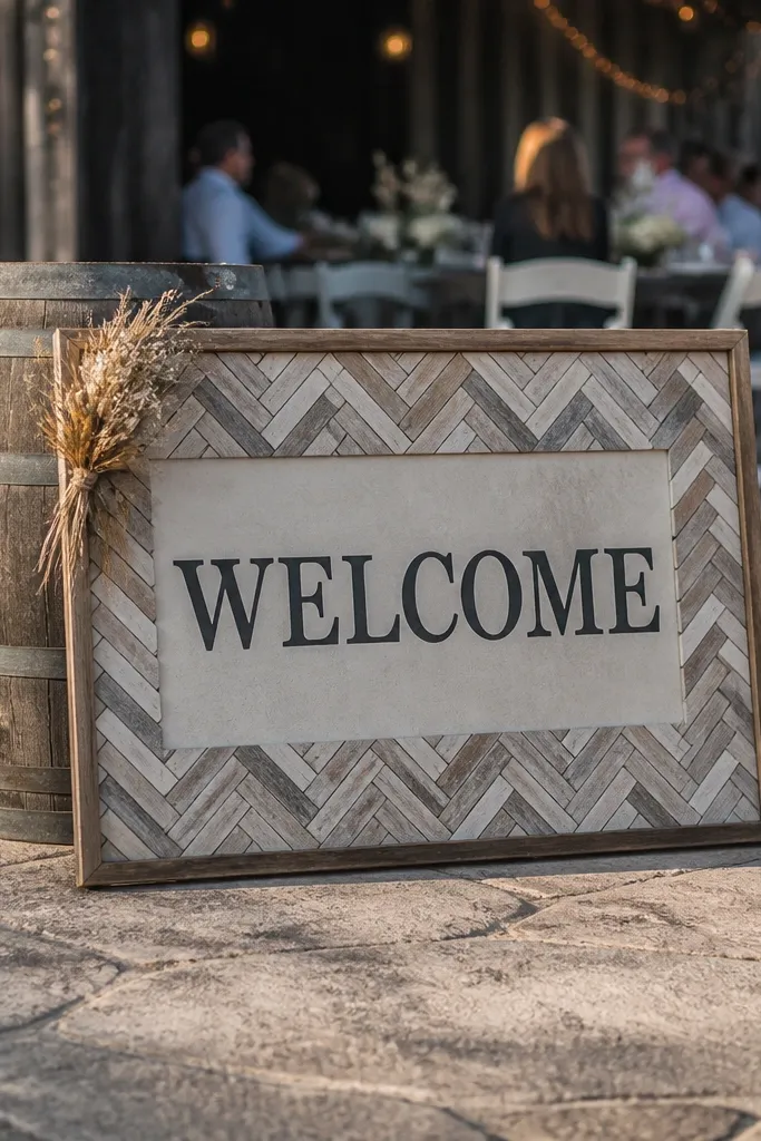 Wooden welcome sign with a herringbone patterned border and bold lettering