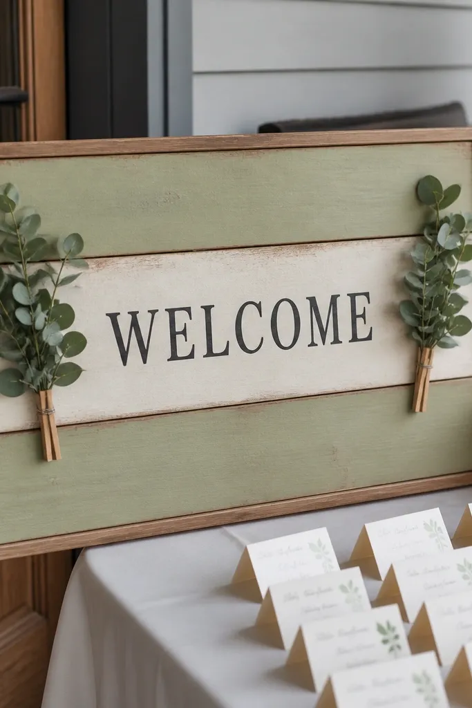 Wooden welcome sign with farmhouse stripes and small greenery tabs on the sides