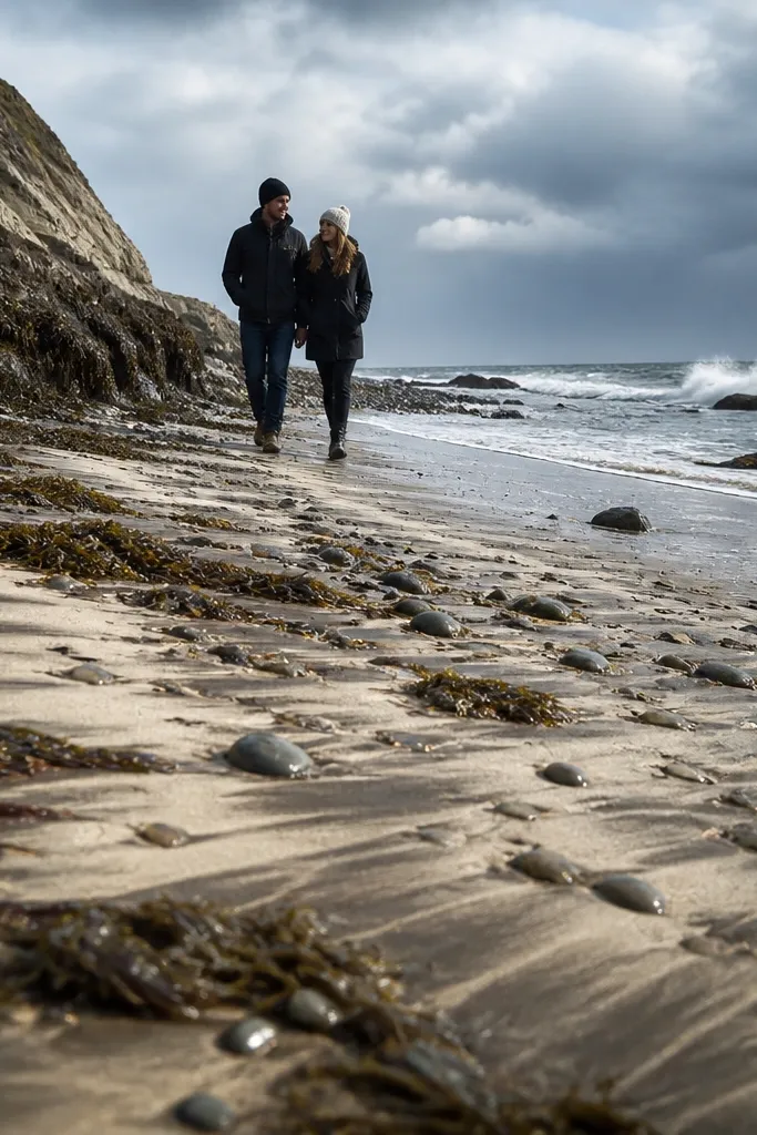 Couple walking along wet sand near rocky cliffs at golden hour