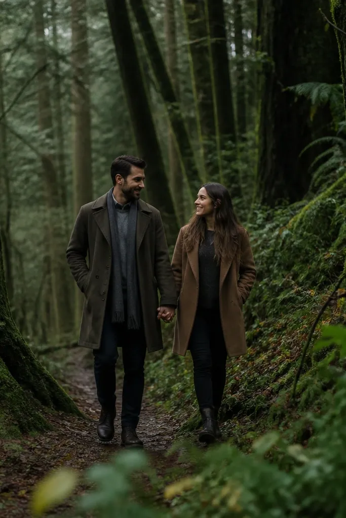 Couple on a dirt path under trees with soft filtered light