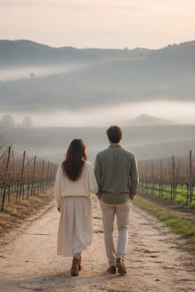 Couple walking between vineyard rows with soft mist in the background