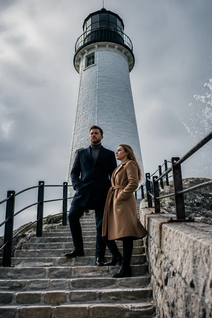 Couple framed by lighthouse steps with ocean spray and dramatic sky