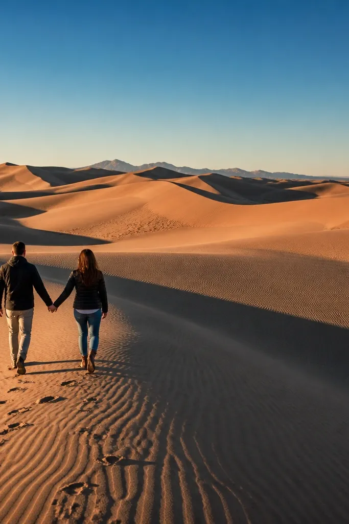 Couple on sand dunes with long shadows and soft sunset tones