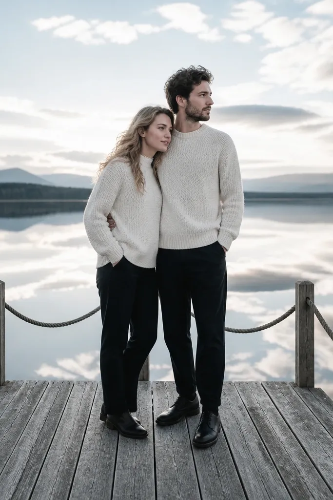 Couple on a wooden dock with calm water reflections
