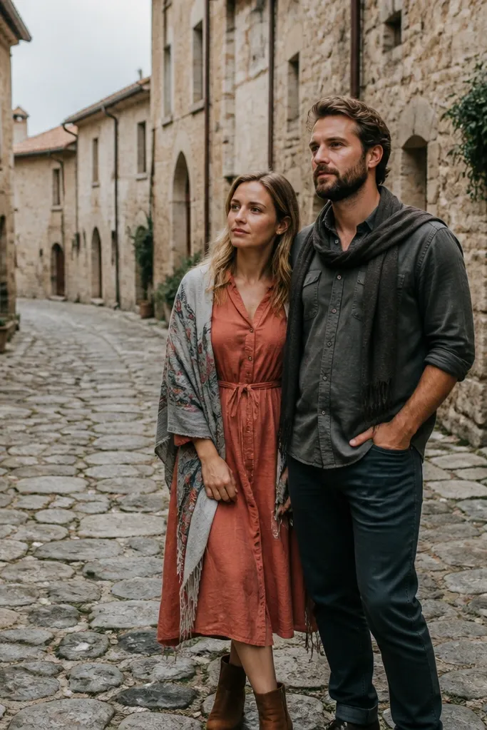 Couple walking on cobblestones near warm stone buildings