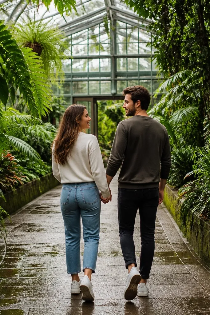 Couple walking under glass panels with plants on both sides