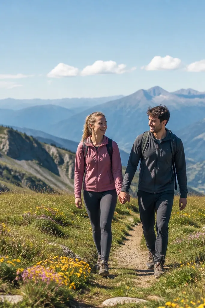 Couple in a meadow with wildflowers and distant mountain view