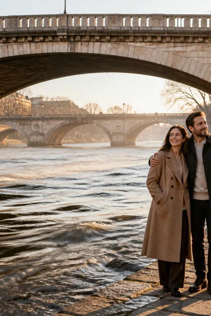 Couple walking along a river path with a bridge behind them