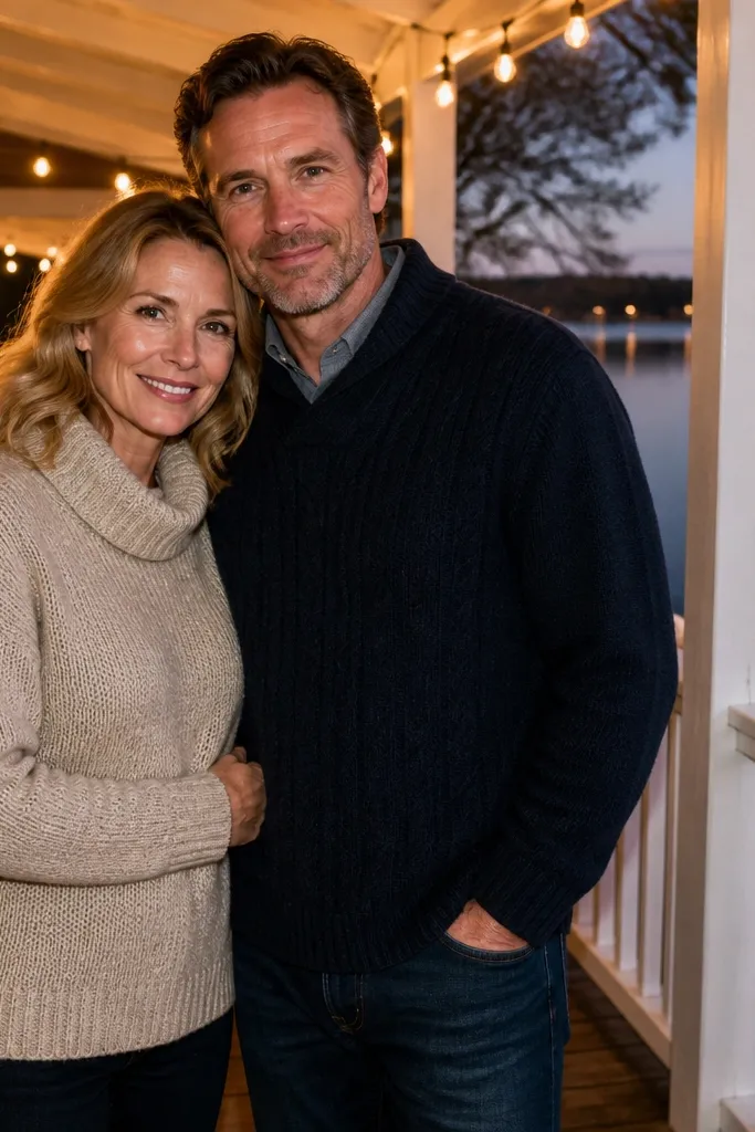 Couple on a porch with warm evening lighting and lake view