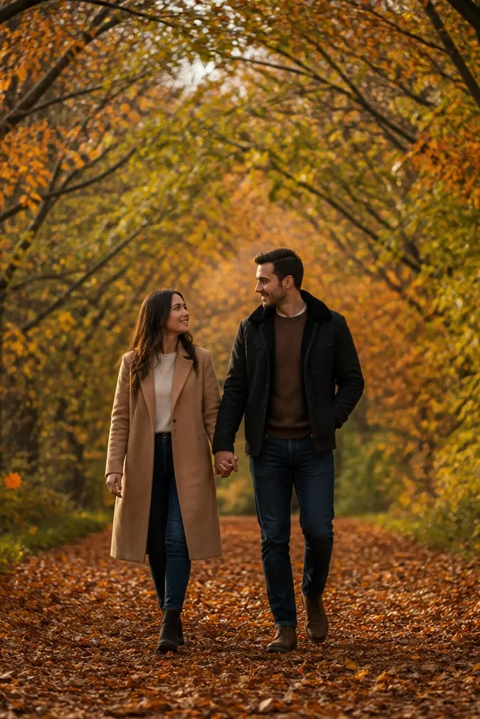 Couple walking under arching trees with fallen leaves on the path