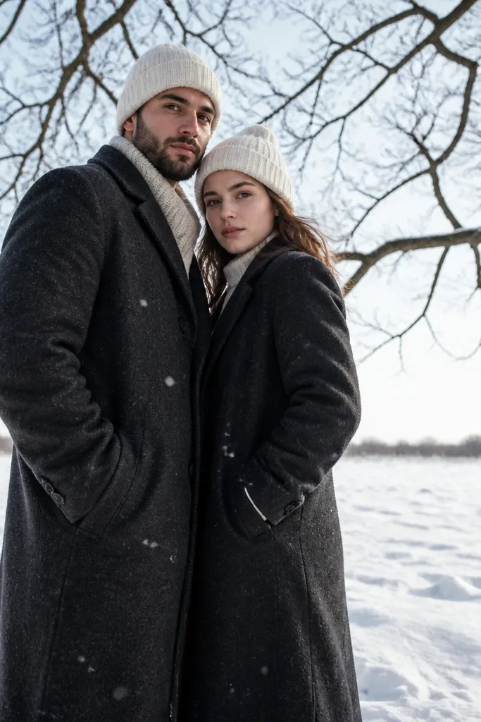Couple standing in a snowy field with bare trees behind them