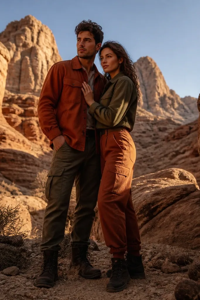 Couple near tall desert rocks with sunset light on stone