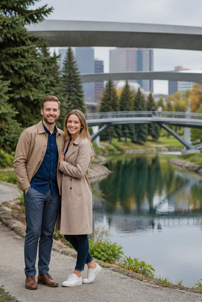 Couple on a park path by a lake with a bridge in view