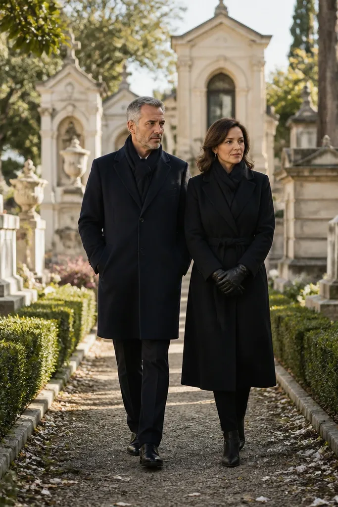 Couple walking along a garden path with stone monuments in soft light