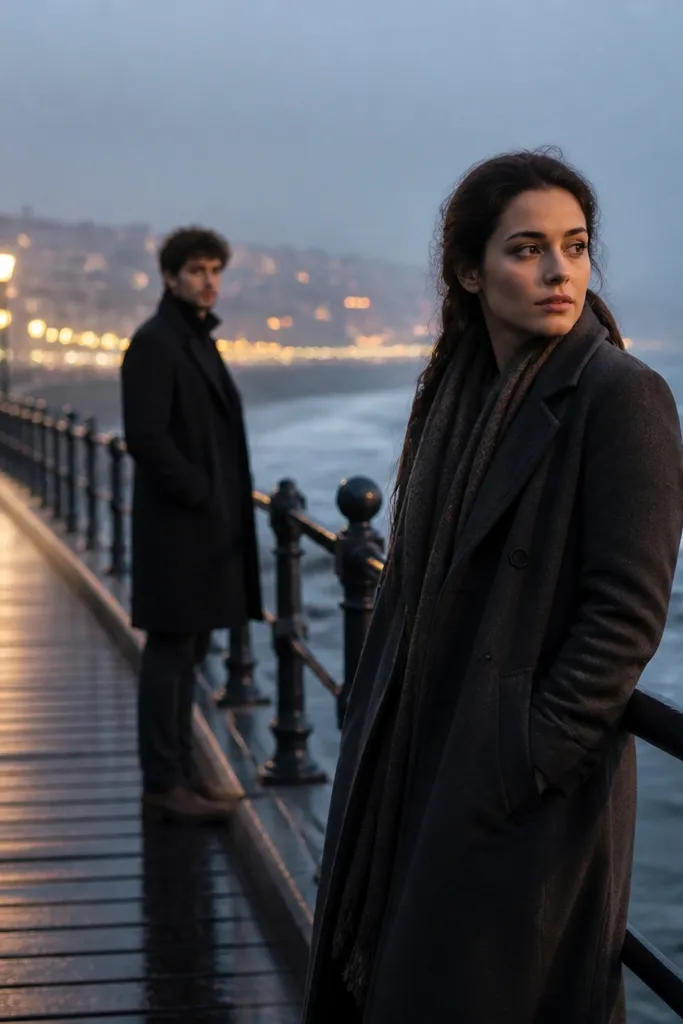Couple walking on a boardwalk with railings and glowing lights at dusk