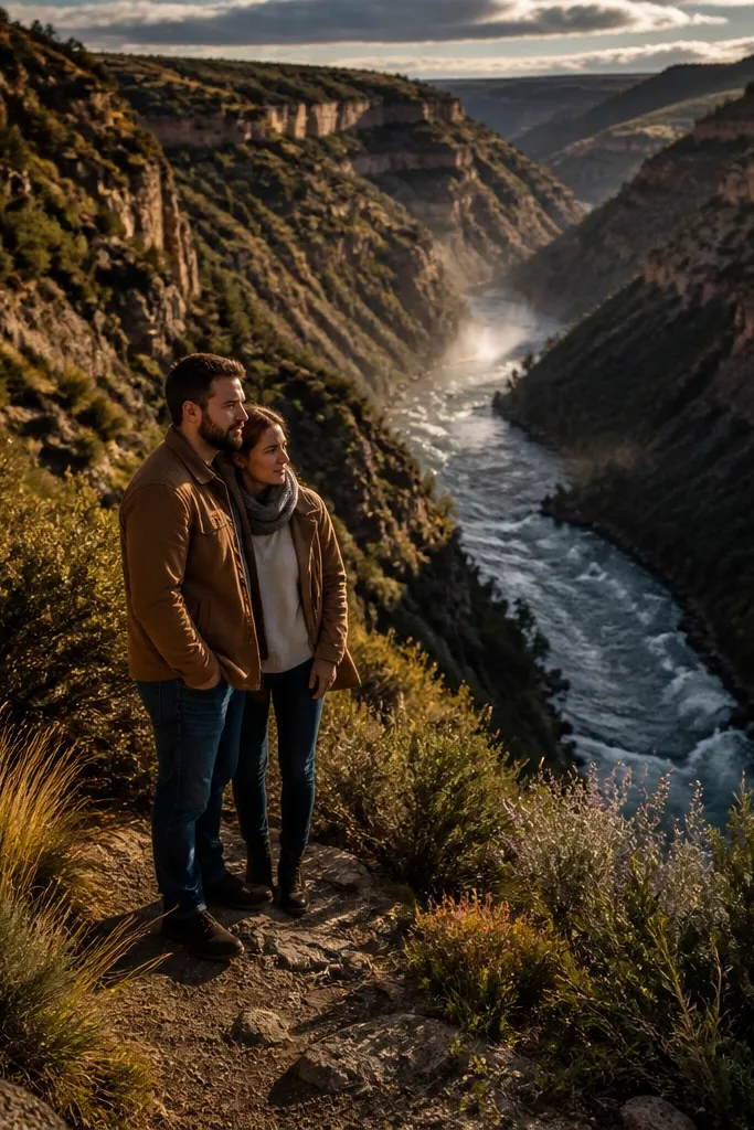 Couple framed by canyon walls with greenery and a winding river