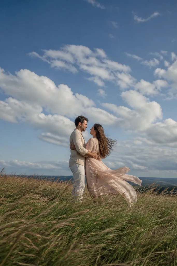 Couple in open meadow with wind moving dresses and scarves