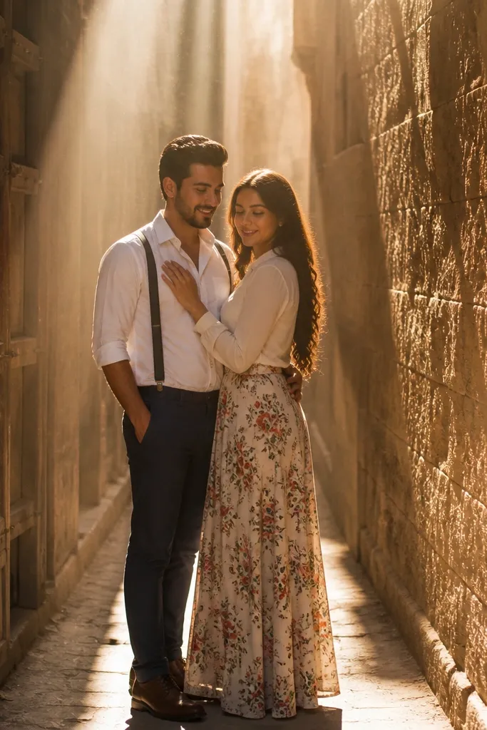 Couple standing in a narrow alley with light beams and warm sandstone walls