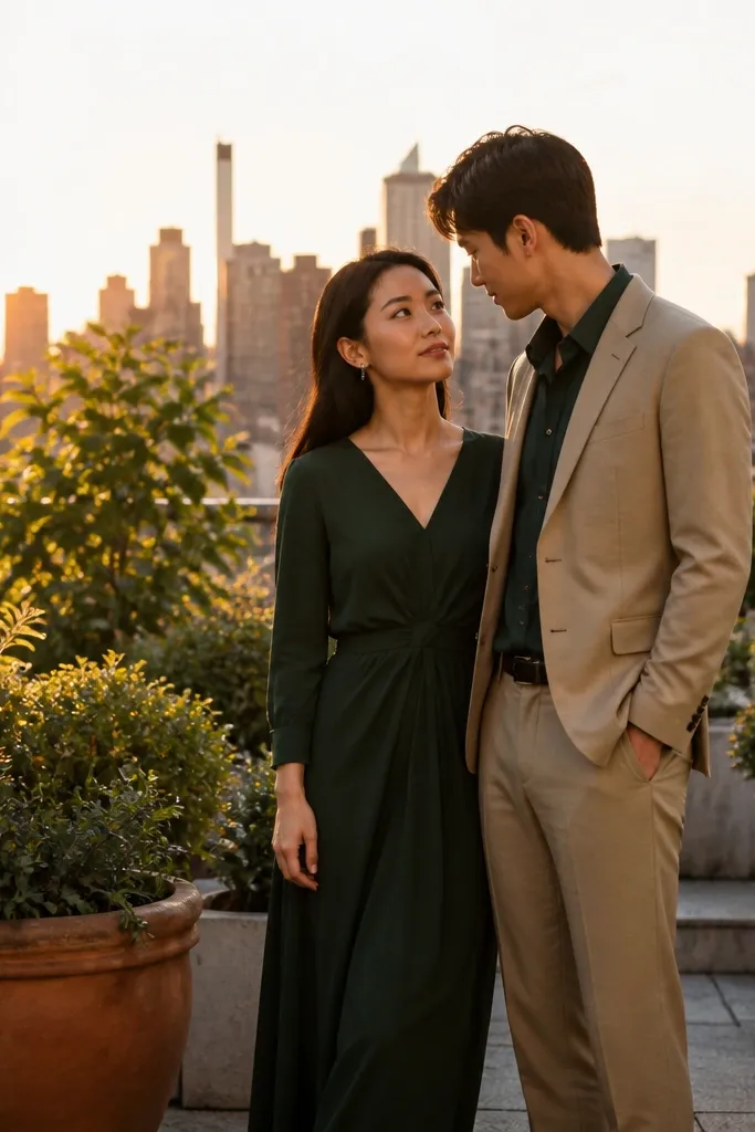Couple walking in a rooftop garden with city skyline at sunset