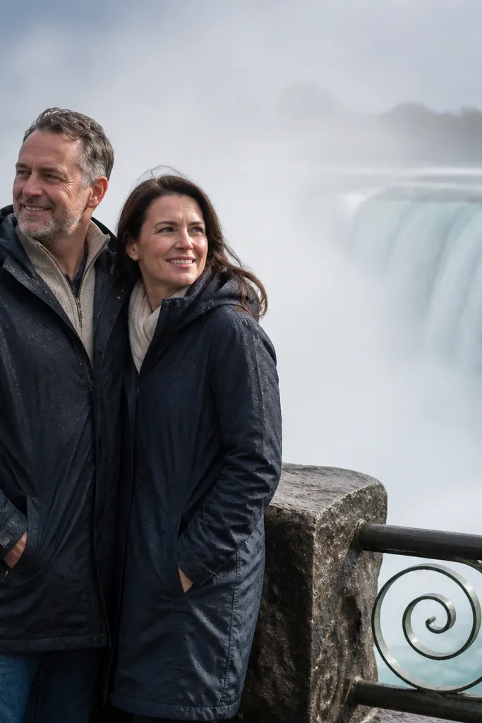 Couple near a waterfall with mist and soft blurred background