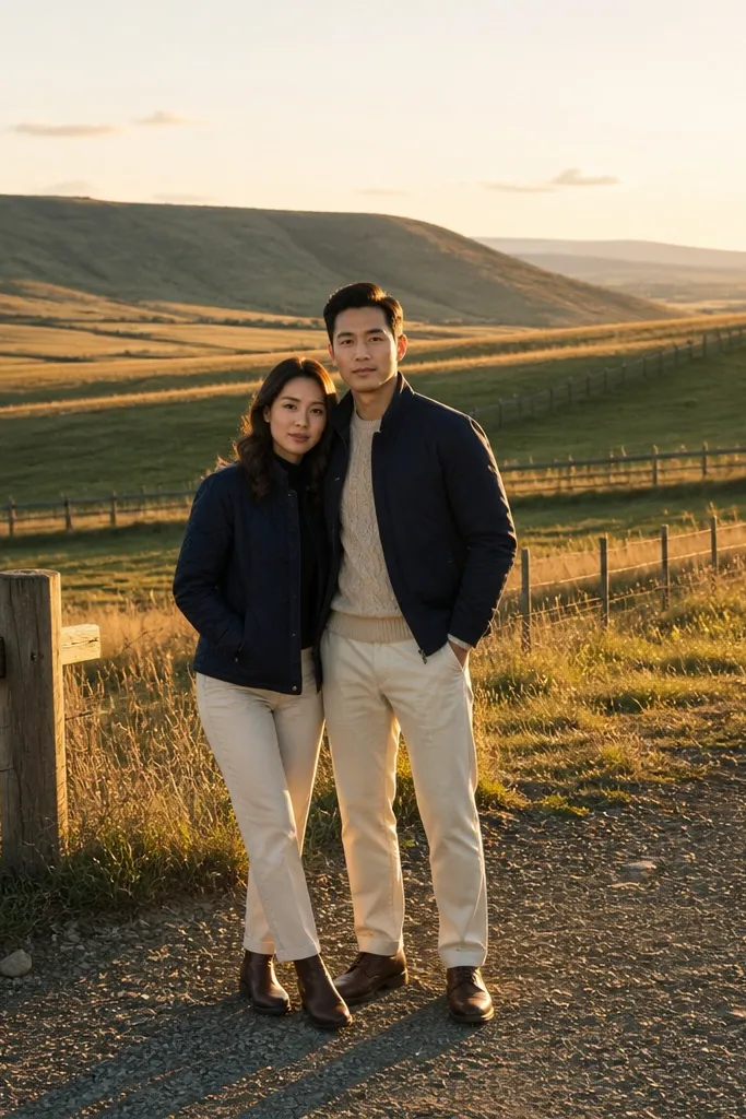 Couple in rolling fields with fence line leading into the distance