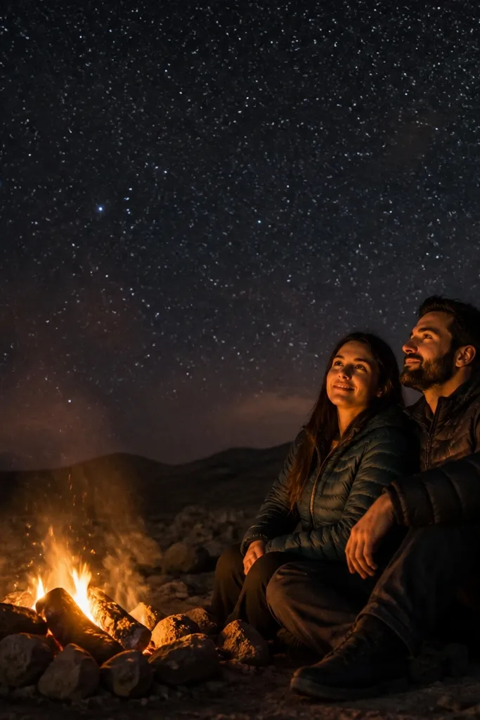 Couple sitting near a small fire with stars above and dark desert around