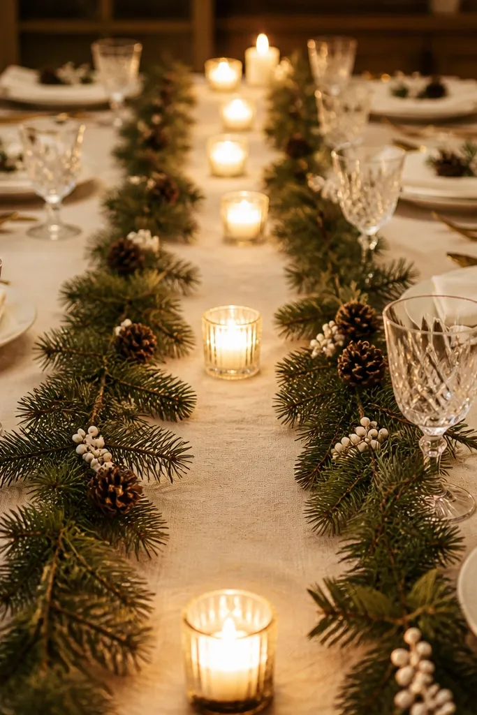Cream felt runner with two lines of evergreen sprigs and small pinecone accents