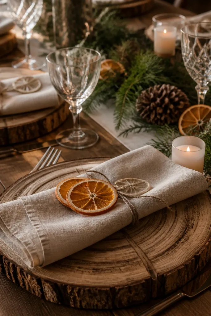 Wood slice chargers with cream napkins tied using dried citrus slices and twine