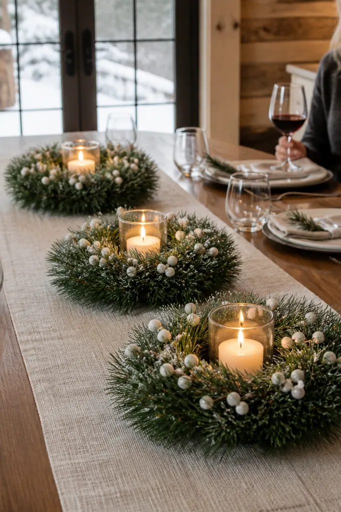 Two small evergreen wreaths on a table with candles inside and white berries