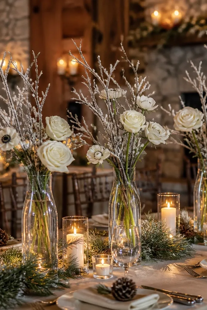 Three tall bud vases with frosted branches and small white blooms