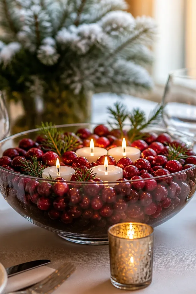 Shallow glass bowl with cranberries, evergreen sprigs, and floating candles