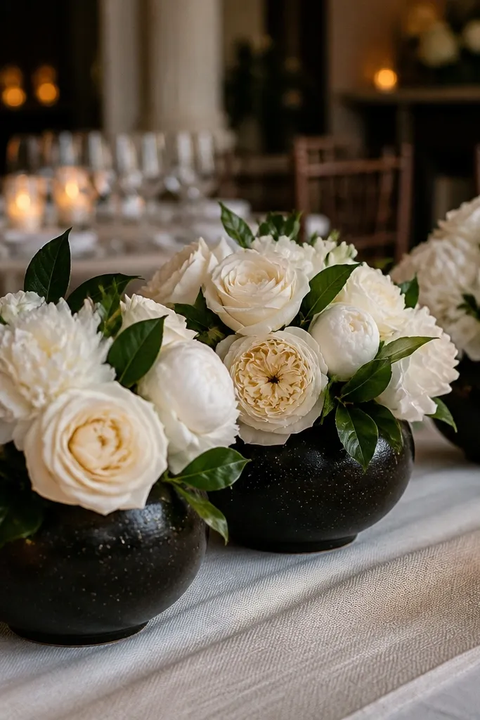 Black ceramic bowls with cream roses and green leaves for a low centerpiece