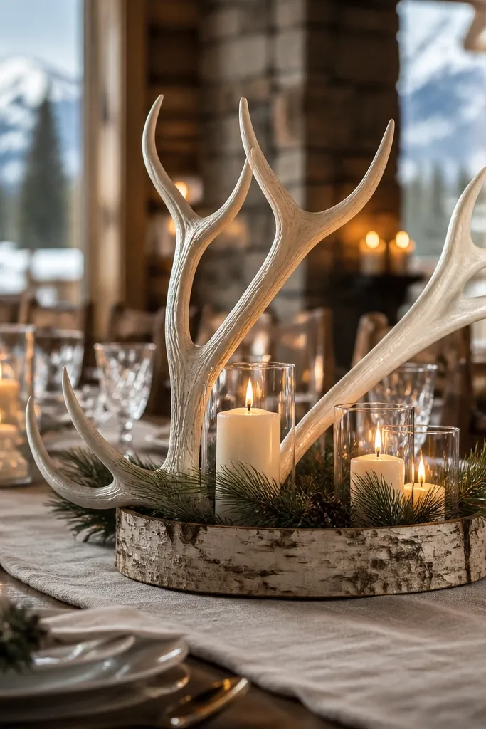 Faux antler arrangement with candles and evergreen on a dark table runner