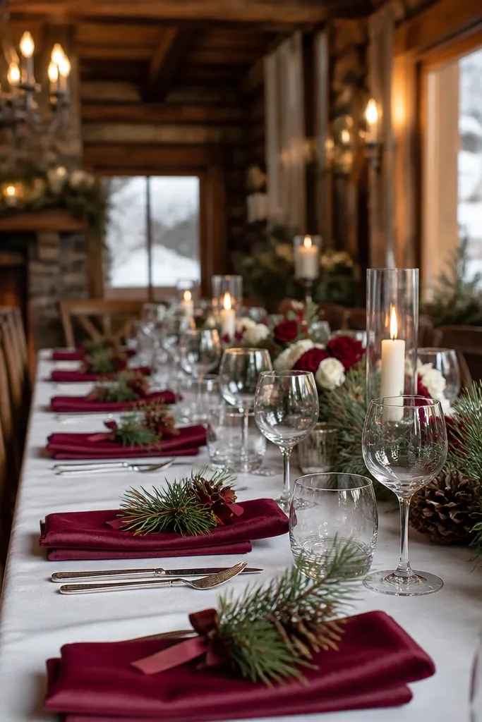 Burgundy velvet napkin with a small pinecone cluster on a cream plate