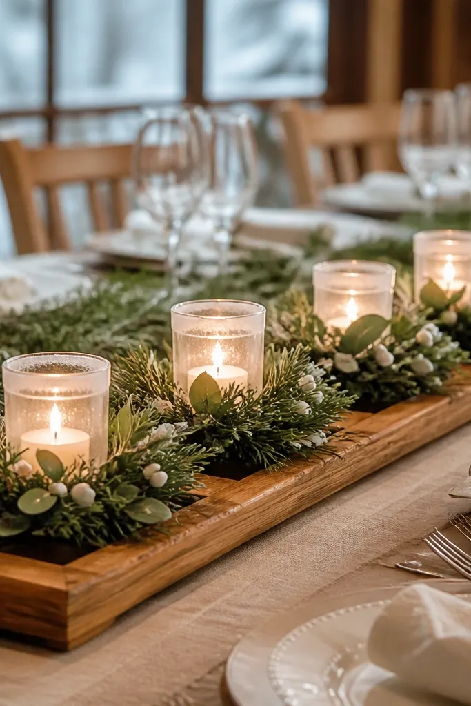 Long wooden tray with candle cups, small wreathlets, and evergreen sprigs