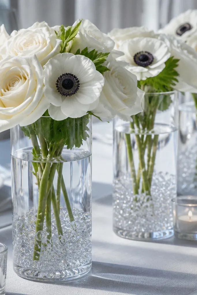 White roses in clear vases with icy glass bead accents