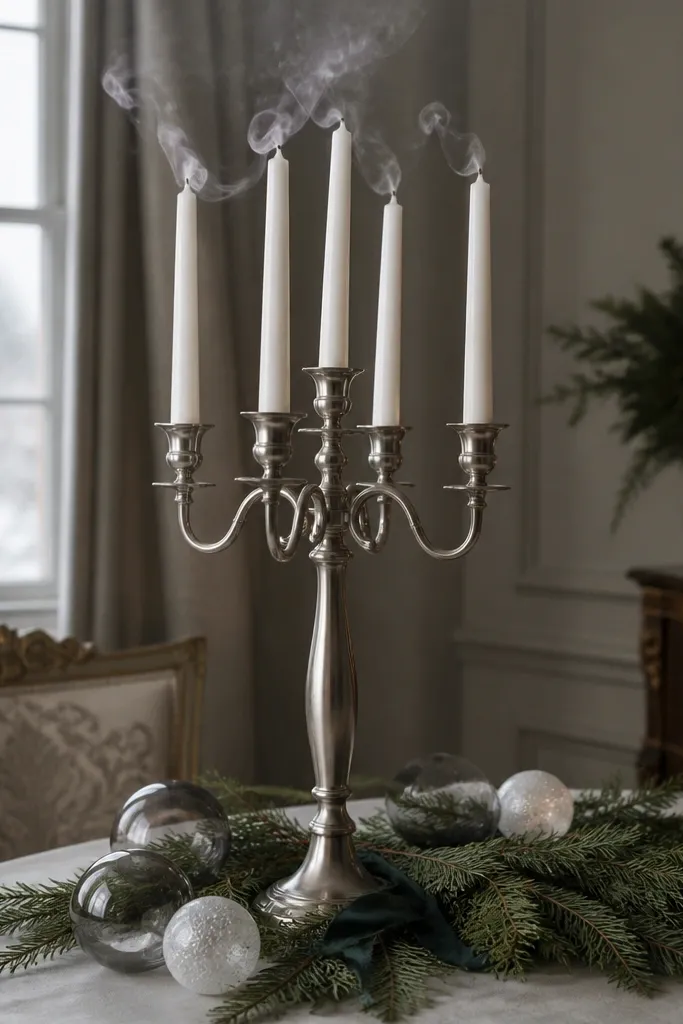 Tall candelabra with taper candles and small ornaments clustered at the base