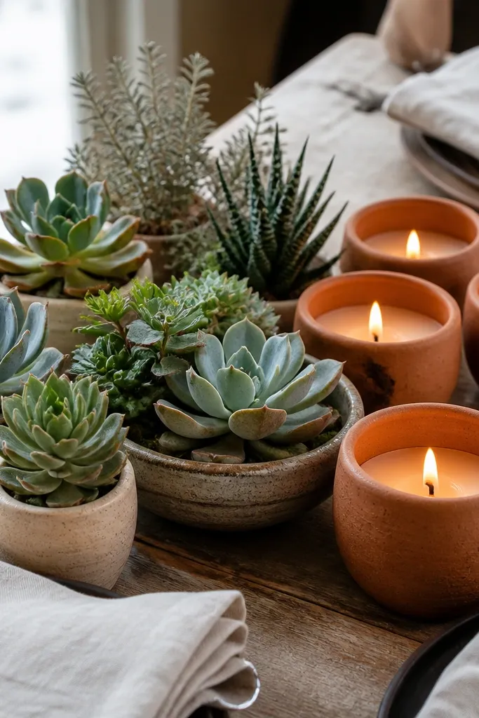 Small succulent bowls with terracotta candle cups on a neutral table runner