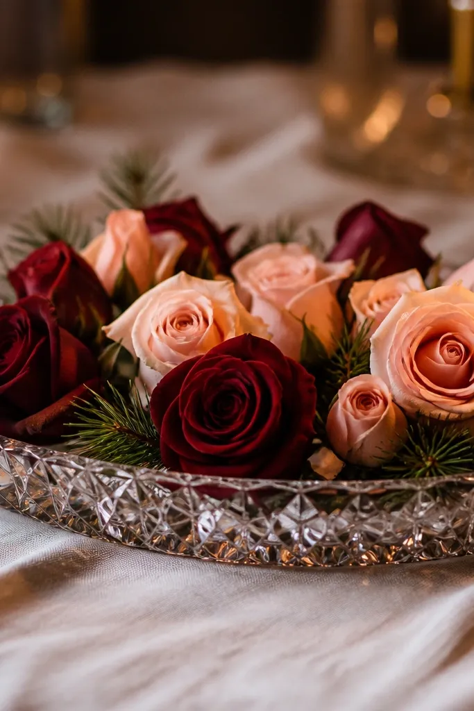 Low crystal tray with burgundy and blush rose buds and a few evergreen leaves