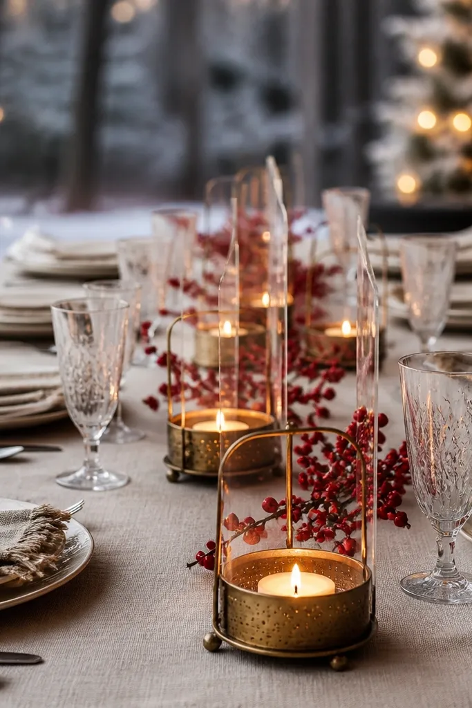 Brass tealight holders with winterberry sprigs beside place cards
