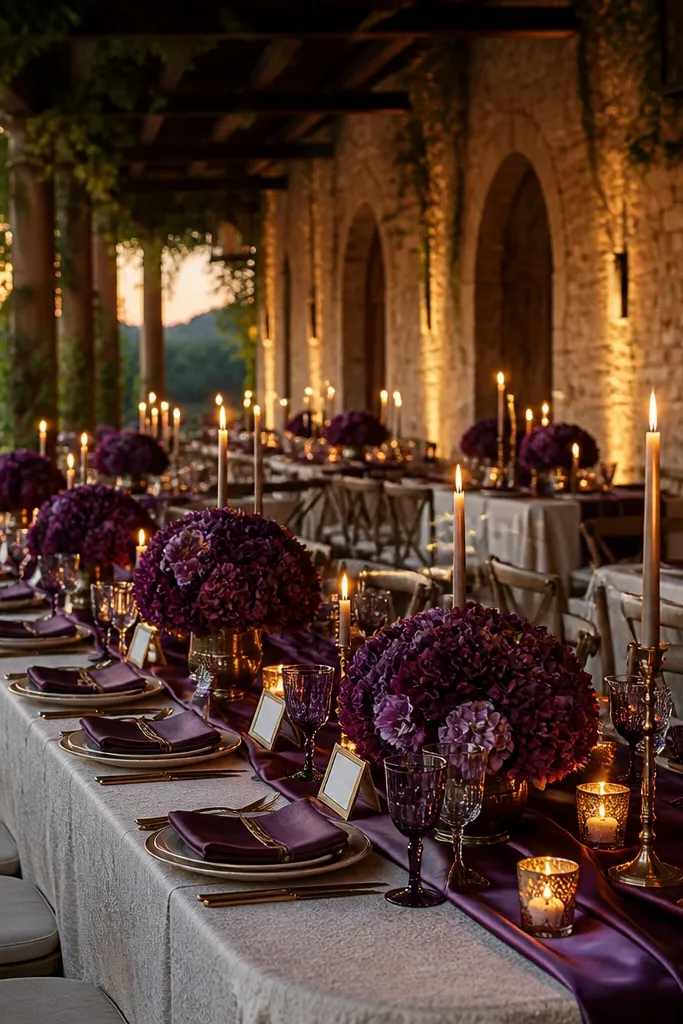 Deep plum florals with antique gold candles and cream table linens