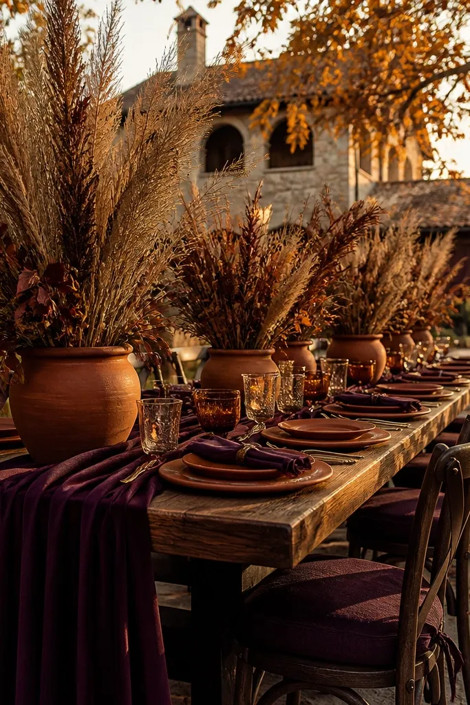 Wine plum and rust terracotta bouquets with warm brown wood signage