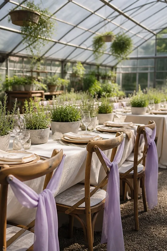 Lilac place cards with sage greenery and cream centerpieces