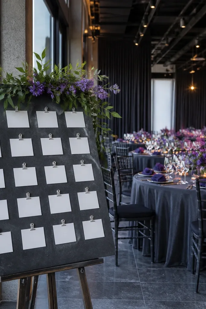 Violet napkins with charcoal table runners and chalky white florals