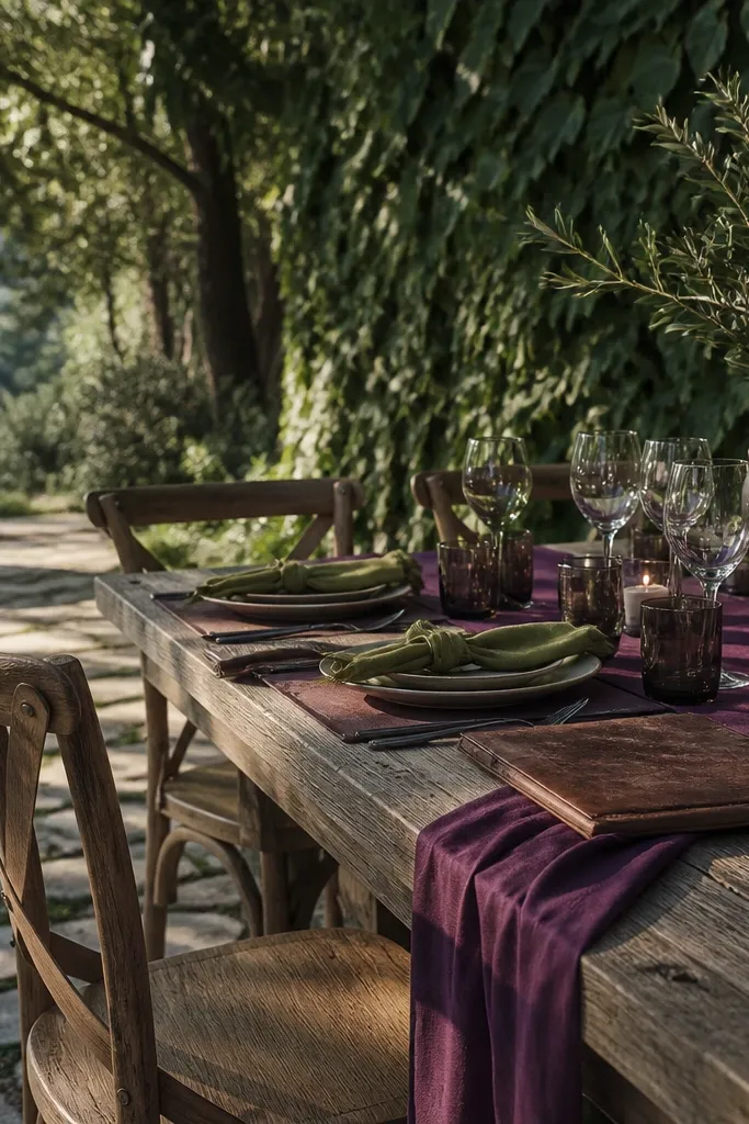 Plum bouquets with olive greenery and espresso brown table décor