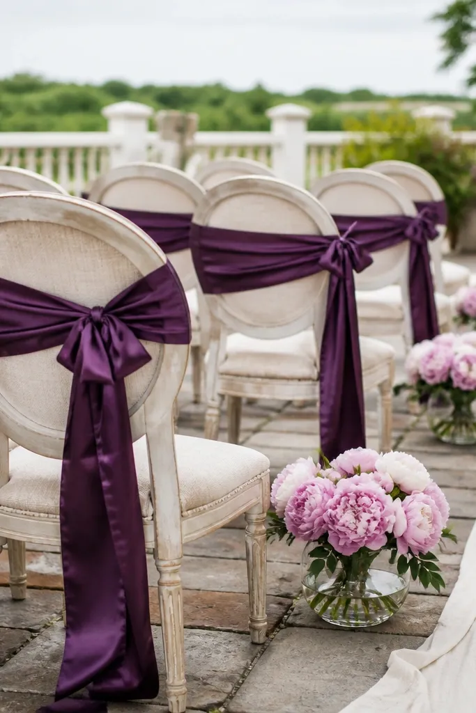 Amethyst purple napkins with cream linens and blush accents